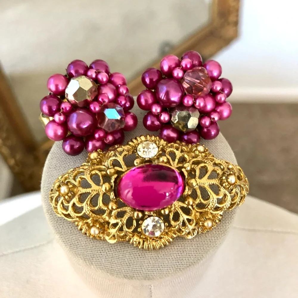 Vintage Pink Rhinestone Brooch & Earrings